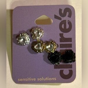 Claire’s Set of 3 Black, Silver & Gold Heart Earrings